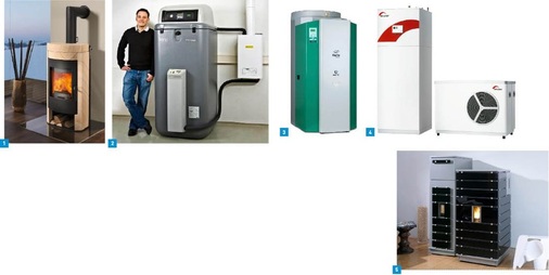 1 Der Kaminofen Imposa von Rika hat eine große Speichermasse mit 168 kg – in Sandstein oder in Speckstein.2 Das neue, kostengünstige Zusatz-Gas-Brennwertgerät G-plus von Rotex unterstützt die Wärmepumpe HPSU compact bei extremer Kälte.3 Den Dachs Stirling SE von Senertec wird es ab Herbst im Komplettpaket mit Speicher und Anlagenperipherie geben.4 Die Luft/Wasser-Wärmepumpe TTL 19 ACS von Tecalor mit Hydraulik- und Speichermodul soll sehr montagefreundlich sein.5 Der Pellet-Tower für den Pellet-Primärofen ivo.tec von Wodtke verfügt über eine Einfüllklappe mit Staubschutzmatte.