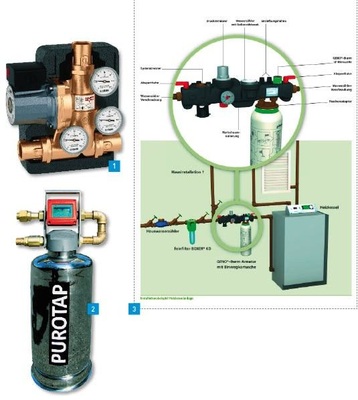 1 Die neuen Komponenten, wie die Speicherladegruppe mit Rücklauftemperaturanhebung, der Produktserie Biomasse von Caleffi sind speziell auf den Einsatz in Anlagen mit festbrennstoffbefeuerten Wärmeerzeugern abgestimmt.2 Neuheit Purotap Easy II mit integriertem Messcomputer, für das salzarme Befüllen von Heizungsanlagen.3 Die Produktserie Genotherm setzt bei der Heizungsbefüllung auf vollentsalztes Wasser. Mittels der neu konstruierten Füllgruppe werden Vormontage und Befüllung erleichtert.