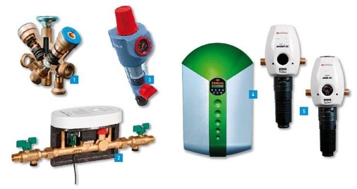1 Der Zirkulationsregler JR-Gutherm 2T spart Energie, da die Aufheizphasen deutlich verkürzt werden.2 Die elektronische Nachfüllein heit stellt eine wegweisende Integration von Mechanik und Elektronik im Bereich der Kesselarmaturen dar, u.a. durch die mögliche Einbindung in die Gebäudeleittechnik.3 Der PrimusPlus ist, wie abgebildet, als reiner rückspülbarer Feinfilter oder auch mit einer automatischen Rückspülung erhältlich.4 Der i-balance arbeitet mit einem speziellen Verfahren, bei dem zur ­Härtestabilisierung lediglich Strom benötigt wird.5 Den Rückspül-Schutzfilter ­Speedy-EC und die Hauswasser­station Juko-EC gibt es jeweils auch als Automatik-Version sowie optional mit ­Leckageschutz Judo Eco-Safe.
