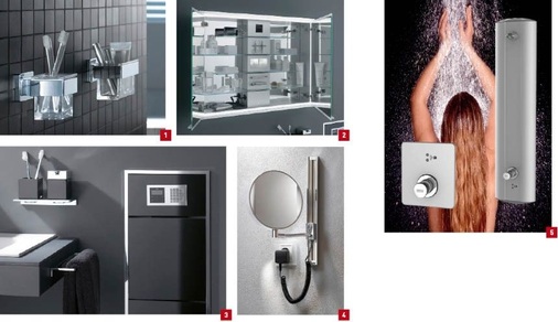1 Bei der Bad-Accessoires-Serie Vara lassen sich die Emco-Basiskomponenten mit einer ausgewählten Wandelement­variante kombinieren.2 Innerhalb seines Raumsystems Asis präsentierte Emco die neue Lichtspiegelschrank-Serie Prestige.3 Die Bad-Accessoires der Serie Asio spiegeln mit ihren ­klaren, geradlinigen Formen modernen Minimalismus wider.4 Emco bietet eine neue Rasier- und Kosmetikspiegel-Serie mit blendfreier LED-Beleuchtung an.5 Die optoelektronischen Protronic-Duscharmaturen von Franke: Sobald die Duschende den Sensorbereich verlässt, stoppt der Wasserfluss automatisch.