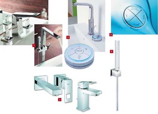 1 Durch das „Aqua Window“ der Allure Brilliant erhält man einen außergewöhnlichen Blick auf den Wasserstrahl.2 Der digitale Controller für die Armaturenlinie Ondus Veris Digital sowie die Rainshower Solo-Brausen von Grohe.3 Beim Design der neuen Armaturenserie Eurocube schöpft Grohe alle Verwendungsmöglichkeiten des Quadrats aus.4 Bei der neuen Brause Power&Soul wird der Strahl ganz einfach per Knopfdruck gewechselt.5 Die Brause Euphoria Cube wurde passend zur neuen Armaturenserie Eurocube gestaltet.