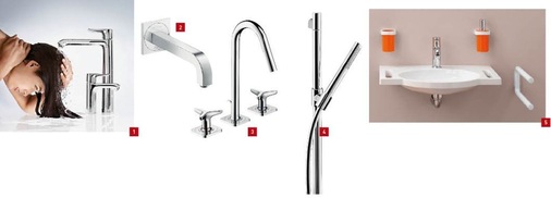 1 Die Metris-Kollektionen wurden um fünf Mischer mit den Comfort-Zones 100 bis 260 ergänzt.2 Die elektronischen Wandarmaturen der Kollek­tionen Citterio und Uno2 verbergen den Sensor an der Unterseite des Wasserauslaufs.3 Sterngriffe setzen bei den Citterio-M-Armaturen für Waschtisch und Wanne einen neuen optischen Akzent.4 Axor-Starck-Showerset mit Stabhandbrause und Eco­Smart-Technologie. 5 Die Systeme 800 und S01 von Hewi erhielten einen ­Farbanstrich.