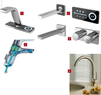 1 Evolution, eine neue High-Tech Armatur, die Strom- und Wasserversorgung über ein ­integriertes System regelt.2 Bei Ceramix Blue mit Idealpure-Techno­logie sind die Wasserwege komplett vom ­Messingkörper der Armatur entkoppelt.3 Das modulare Unterputzsystem Archimodule für Brause-, ­Wannen- und Waschtischarmaturen ist ein Baukasten-Konzept.4 Die Küchenarmaturenserie Nora prägt der seitliche Joystick-Griffhebel. Der weite Auslauf sorgt für Bewegungsfreiheit.