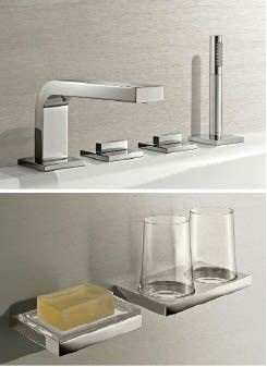 Die 3-Loch-Waschtischarmaturen und die Wannenrandarmaturen von Scope bieten ein Novum: Um dem Designanspruch Rechnung zu tragen, lässt sich in der Ausgangsstellung der Armatur — sprich bei gerader Hebelstellung — eine individuell angenehme Temperatur voreinstellen.