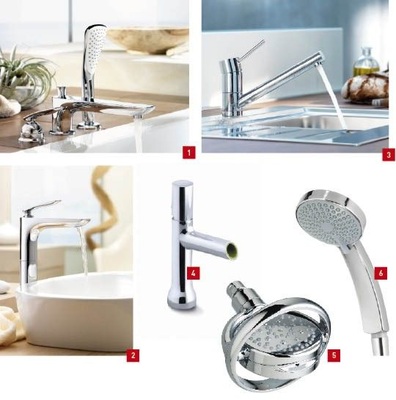 1 Die neue Brause Fizz, hier in Kombination mit der neuen Wannen-Armatur Balance.2 Runde und plane Formen halten Balance bei der gleichnamigen neuen Armatur. 3 Bringt Eleganz in die kleinste Küche: Die Küchenarmatur Scope von Kludi.4 Der Einsatz der Toobi-Armatur von Kohler ist derzeit in Ice White und Acid Green erhältlich und kann problemlos ausgetauscht werden.5 Die Handbrause Flipside einfach mit dem Finger antippen, schon schwenkt der Brausenkopf in die nächste der vier Strahloptionen.6 Die Handbrause Citrus verfügt über fünf Strahleinstellungen von breit bis punktuell.