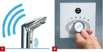 7 Die berührungslose Standarmatur Perfekt Plus WRC von Kuhfuss arbeitet mit Infrarot-Sensor und bietet die Möglichkeit für kabellosen interaktiven Dialog.8 RFID steht für radio-frequency identification und überträgt Daten berührungslos von einem Datenträger zu einem RFID-Lesegerät und umgekehrt.