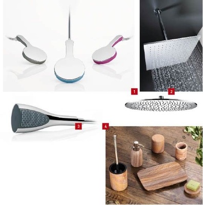 1 Die KWC Bossanova variiert in den drei ­verschiedenen Farben Grey, Blue und Purple.2 Spa-Erlebnis: Piatto gibt es in Kreis- und ­Quadratform und ist lediglich 7 mm dünn.3 Elegant, kultiviert, raffiniert, so wollen die Schweizer mit Ely eine neue Klasse definieren.4 Die Accessoireserie Sonora von Nicol passt mit ihren runden Formen und den hellen Sandsteinoberflächen gut in die Stilrichtung Landhaus.