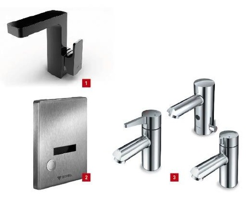 1 L90 von Roca mit hochglänzend schwarzer, galvanischer Beschichtung.2 Die WC-Elektronik-Edition von Schell beinhaltet eine automatischer Spülauslösung durch Raumüberwachung und Auslösung durch Handannäherung im Nahbereich.3 Bei der Modus E sind die Funk­tionsbauteile im Armaturenkörper integriert. Das Batteriefach befindet sich in der Armatur und ist, wie auch die Elektronik, von der Rückseite zugänglich.