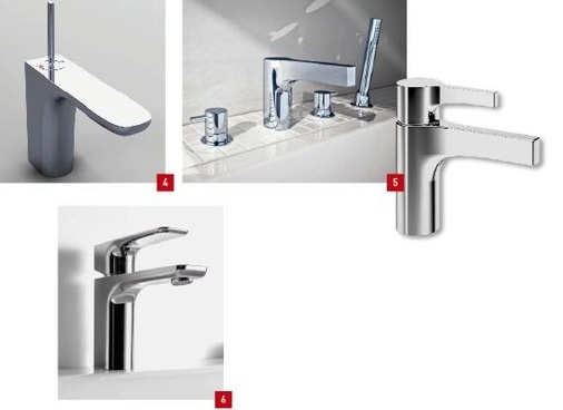 4 Charakteristische Merkmale der neuen 200 von Steinberg sind die planen Flächen auf der Ober- und Rückseite der ­Armatur und die fließenden Übergänge.5 Die neue Serie 210: Für den Waschtisch steht eine Ausführung mit Joystick oder mit Einhandgriff zur Verfügung. ­Interessant auch die 4-Loch-Wanne/Brause-Armatur .6 Die Armaturenserie 192 von Treos gehört zur Kollektion Coming Home und wurde auf das ­Design des Waschtisches abgestimmt.