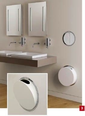 3 Die Vola-Frontplatte von Papierspender und Abfallbehälter besteht aus feuchtigkeits- und feuerresistentem PC/ABS-Kunststoff.