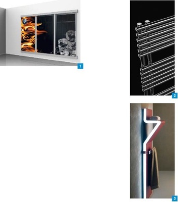 1 Das Heiz- und Kühlsystem H2C Aluframe Climasystem von Aqua­therm lässt sich mit textilen Elementen individuell bespannen.2 Mit der Chrom-Collection von ­Arbonia gibt es nun verschiedene Badheizkörpermodelle des Herstellers mit einem Chrom-Finish.3 Badheizkörper Tratto von Bemm mit Handtuchablage, Handtuchhalter und seitlicher ­Illumination durch LEDs.