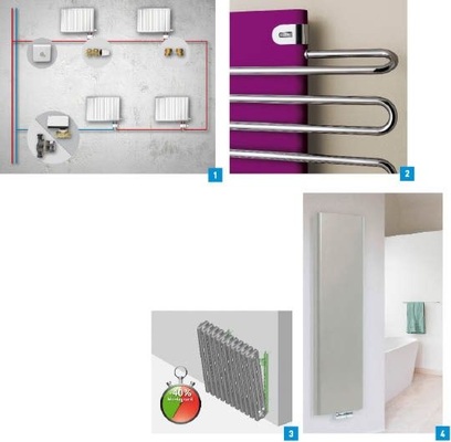 1 Das Sanierungssystem Eccolution von Kermi besteht aus dem Einrohrhahnblock, Adapterplatten, der Regeleinheit Ecco und alternativ einem Regelventil oder einer regelbaren Umwälzpumpe.2 Die neuen ausdrucksstarken Farben von Kermi wie das Purpur ­Nature erzeugen im Bad kräftige Kontraste.3 Die Clickkonsole für den Purmo-Laserline-Röhrenradiator ist eine Zeit sparende Montagelösung, die hinterher unsichtbar ist.4 Die neuen Vertikalheizköper von Purmo – hier die abgrundete ­Variante Paros – eignen sich auch für niedrige Systemtemperaturen.
