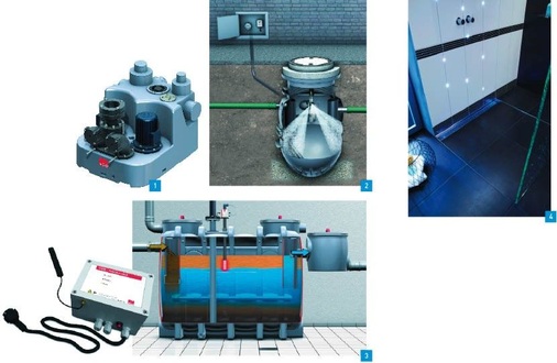 1 Die Doppelhebeanlage Muli-Star DDP von Aco verbindet Betriebssicherheit mit kompakten Maßen, geringem Gewicht und einfacher Montage.2 Der Lipumax P-DM hat eine Entsorgung über Direktabsaugung und eine manuell betrie­bene Hochdruck-Innenreinigung.3 Die Sonde für die automatische Fettschichtdickenmessung dient der einfachen Dokumentation.4 Permanent beleuchtet kann sie Ablauf und Nachtlicht in einem sein: die ShowerDrain E-llumination von Aco.