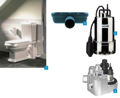 1 Die Kleinhebeanlage Sololift2 von Grundfos kann beispielsweise dezent hinter dem WC eingesetzt werden.2 Das Unidrain Ablaufgehäuse ist ab 73,5 mm Einbauhöhe verwendbar und bringt es auf eine Ablaufleistung von 0,6 l/s.3 Die Homa-Edelstahl-Tauchmotorpumpe aus der Baureihe CR fördert bis zu 7,5 l grob verschmutztes Wasser pro Sekunde.4 Die zahlreichen Anschlussmöglichkeiten der Sanistar C 106 machen sowohl einen Zentralzulauf als auch den direkten Anschluss von Sanitärobjekten möglich.