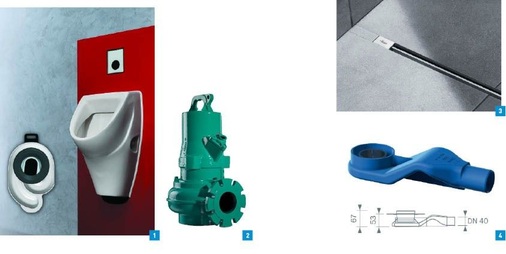 1 Kompakt und strömungsgünstig: der neue Urinal-Absauggeruchverschluss 500 von Sanit für optimale Ein-Liter-Spültechnik.2 Für den Einsatz in Rohabwasser konzipiert, das einen hohen Feststoffanteil aufweist: Pumpen mit der Laufradform Solid von Wilo.3 Millimetergenau lässt sich die Duschrinne Viega Advantix Vario kürzen und damit an jede Einbau­situation anpassen.4 Für extraflache Fußbodenaufbauten: der DN-40-Ablauf mit seitlichem Auslauf von Tece.