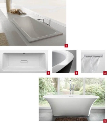 1 Konzipiert wie ein Liegestuhl ist das ­Rückenprofil der Betteone Relax.2 Bei der klassischen One wurde die Rückenschräge zugunsten der Liegefläche steiler angestellt. Dadurch bietet sie Platz für zwei Personen.3 Die freistehenden Silhouette-Wannen gibt es jetzt auch in Bicolour schwarz-weiß.4 Der integrierte Wasserfalleinlauf Bette­splash ist mit zahlreichen Wannenmodellen kombinierbar und wird werkseitig vormontiert geliefert.5 Der kaum wahrnehmbare Überlauf und das Pop-up-Ablaufventil verstärken das puristische Design der Wanne Coco von Coram.