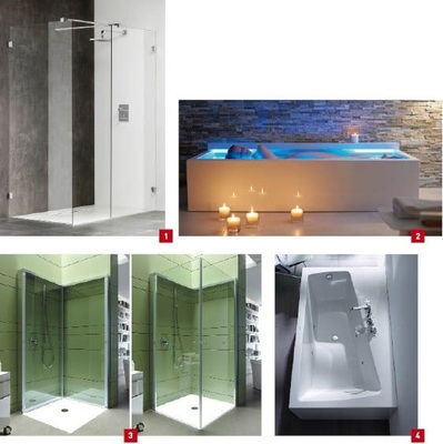 1 Maximale Transparenz durch minimalistisches Design: die Duschkabinenserie Optix von Coram.2 Die Floatwanne Nahho von Duravit verfügt über ein eingebautes Soundmodul und indirekte Beleuchtung.3 Die Duschabtrennung OpenSpace lässt sich einfach an die Wand klappen, Armaturen und Pflegeutensilien sind dahinter aufgeräumt.4 Die trapezförmige Paiova gibt es nun auch als Monolith mit großzügiger Ablagefläche.