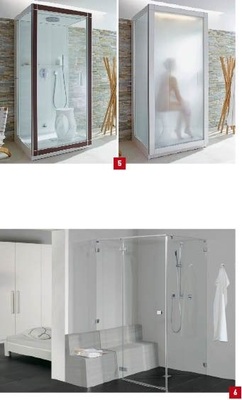 5 Die Duravit-Dampfdusche St. Trop von Philippe Starck. Die Tür wirkt wie ein Bilderrahmen, der weiße Hintergrund wie die Leinwand.6 Sonderwünsche willkommen: Die Duschwandserie Collection 3 von Duscholux bietet Lösungen mit individuellen Glasausschnitten, Schrägschnitten und Duschwandhöhen bis zu 2200 mm.