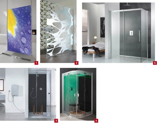 1 Die Fotodesign-Glasduschen von Glamü sind aus 9,5-mm-Verbundsicherheitsglas gefertigt, das die Motive lichtbeständig macht und vor äußeren Einflüssen schützt. 2 Die Glasduschen mit Lasermotiven ­können in den Standardbreiten optional mit LEDs für Beleuchtungseffekte aus­gestattet werden.3 Die SteamBox 330 von Hoesch für Kunden, die es in ihrer vorhandenen Duschkabine dampfen lassen möchten, aber großen Aufwand scheuen. 4 Die Dusch-/Dampfbad-­Familie von Hoesch mit dem Namen SenseSation hat eine transparente Front aus rahmenlosem Glas.5 Die rahmenlose Serie K2 von HSK ­kombiniert 8-mm-Sicherheitsglas mit ­innenbündigen Beschlägen und pendel­baren Hebe-Senk-Scharnieren.