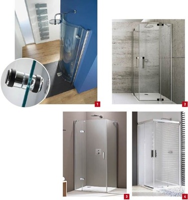 1 Für die Drehfalttür-Lösungen der neu gestylten Exklusiv-Serie von HSK wurde ein rutschfester Griff entwickelt.2 Puristisches Design, klare Linien, hochwertige Materialien: die neue Glasdusche Studio Berlin pure von Hüppe.3 Aura Elegance ist eine solide Duschabtrennung in elegantem Design für kleinere Budgets.4 Markenzeichen der Gleittüren der Hüppe-Serie Design ist das markante obere Coverprofil ohne Eckverbinder und Dekorkappen auf der Sichtseite.