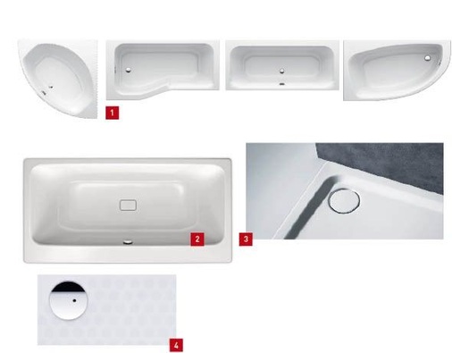 1 Die Acrylwannenlinie Playa von Ideal Standard birgt eine große Produktvielfalt.2 Die neue Serie Asymmetric Duo von Kaldewei prägt der asymmetrische, einseitig breitere Wannenrand.3 Die neue Superplan Plus mit rundem Ablaufdeckel aus Stahl-Email.4 Die neue Antislip-Emaillierung ist deutlich flacher als ihr Vorgänger.