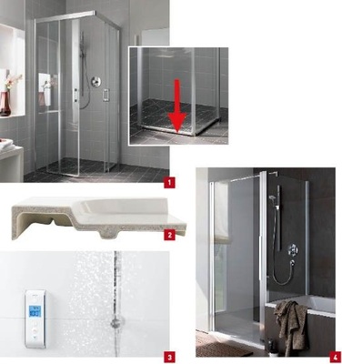 1 Für die Serie Atea brachte Kermi neue bodenfreie Gleittür-Varianten mit Hebe-Senk-Mechanismus.2 Die neuen Flight-Duschwannen von Kohler bestehen aus einer Acryl-Mineralguss-Kombination, die die Vorteile beider Werkstoffe vereinen soll.3 Einfache Installation und Bedienung sowie vielfältige energie- und wassersparende Einstellungen zeichnen das Duschsystem DTV Prompt aus.4 myDay-Duschplatzlösung von Koralle: Der 50 cm lange, erstmals auf dem Profil montierte Türgriff macht die Serie unverwechselbar.