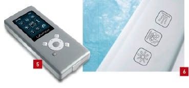 5 Laufen-Fernbedienung mit wasserdichtem Gehäuse: ­Neben der Steuerung für das Whirlsystem gehören ein MP3-Player und ein Radio zur Ausstattung. 6 Die Touch-Sensoren für die Steuerung des Whirlsystems verschwinden flächenbündig im Wannenrand. Gesteuert wird durch einfaches Auflegen des Fingers auf die in den Wannenrand gelaserten, beleuchteten Symbole.