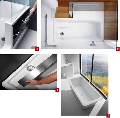 1 Die Easy-in von Repabad gibt es jetzt für das Einsteigersegment auch in der Variante Easy-in M mit manuell einhängbarer Tür.2 Bei der Duschbadewanne Stairway erfolgt der Einstieg über zwei aus EPS hergestellte, befliesbare Stufen.3 Dank einer Magnetbefestigung ist die Rinne bei der Duschtassenserie Zermatt fest verankert, lässt sich aber zum Reinigen herausnehmen.4 Unique No. 1, die Wanne aus Mineralwerkstoff mit ­minimalistisch-organischer Formensprache.