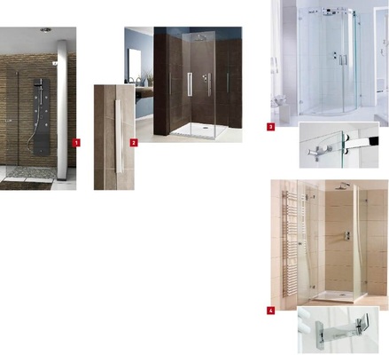 1 Mit der Duschabtrennung No.10 will Saniku bei ­Installateuren und Endverbrauchern punkten.2 Bei der Dusche Smaragd von Sprinz genügt ein ­mittiger Türbeschlag, um die Türe zu halten.3 Markant schwebendes Glas – die neue Rund­dusche Opalin S von Sprinz.4 Mit dem versetzten Drehpunkt des Türbeschlags kommt die Dusche BS 75/150 gut um die Ecke.