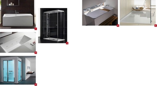 1 Die Kraft des Wassers Oberflächen zu glätten

und zu formen stand im Mittelpunkt des Disgnkonzepts

für die Wanne Kinea von Teuco.2 Transparent wie eine Glasabtrennung, aber

komfortabel wie eine Duschkabine: die neue

Dusche Chapeau von Teuco.3 Bei der Hydromassage-Technologie Hydroline

sind die Düsen verdeckt und durch schmale

Schlitze ersetzt.4 Hamam-Ambiente im Privatbad soll der

Steam Room Pasha erzeugen.5 Mit dem weichen Radius im Innenbereich und

der grafischen Außenform der Mineralgusswannen

der Serie Coming Home interpretiert

Treos den klassischen Zuber neu.6 Die neue Duschwanne Futurion Flat von V & B

kann auf drei verschiedene Arten eingebaut

werden.