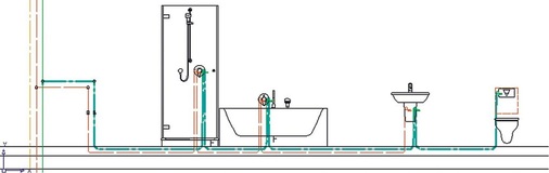 Fachgerecht ausgeführte Reihenleitungssysteme zeichnen sich durch die Anbindung der Zapfstellen über durchströmte Wandscheiben aus. So ist immer ein regelmäßiger Wasseraustausch bis unmittelbar vor der Entnahmestelle gewährleistet.