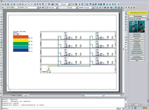 Zur Unterstützung der Planung einer hygienisch und wirtschaftlich optimierten Trinkwasser-Installation kann eine Rohrnetzanalyse in Form einer grafischen Auswertung der Berechnungsergebnisse, z.B. der Rohrnennweiten in einem Strangschema mit einer Stockwerksinstallation mit Reihenleitung, sehr hilfreich sein.