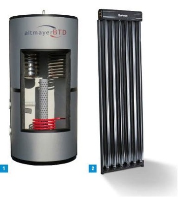 1 Den Kombispeicher von Altmayer BTD gibt es in vielen Größen und Varianten, sodass die optimale Abstimmung auf Projekte möglich ist. 2 Die neuen Vakuumröhrenkollektoren Logasol SKR von Buderus sind insbesondere für die Heizungsunterstützung geeignet.