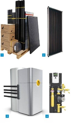 1 Das neue Komplettsystem Cenpac von Centrosolar passt auf eine Palette.2 Der Flachkollektor FCC von Junkers ist das Einstiegsmodell mit attraktivem Preis/Leistungs-Verhältnis.3 Die Solarheizung von Kioto mit Luft/Wasser-Wärmepumpe ist eine steckerfertige Komplettanlage. 4 Die Solarstation Flowcon Max (DN 25) wurde von PAW verbessert. Sie eignet sich für Solaranlagen bis 100 m².