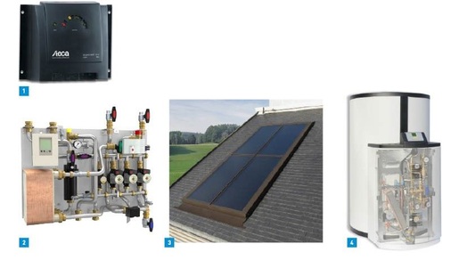 1 Der neue Solarix MPPT 1010 von Steca mit Maximum-Power-Point-­Tracking.2 Die Solar-Speicherladestation ­Tacosol Load 100–240 von Taconova wird zur Beladung von Pufferspeichern eingesetzt. Die Leistungen gehen bis zu 240 kW.3 Installations-Sets von Viessmann ermöglichen die Dachintegration von Vitosol Flachkollektoren. Sichtbare Teile gibt es auf Wunsch in allen RAL-Farben.4 Das Komplettpaket Ratiocompact von Wagner & Co. macht solares Heizen effizient und gewährleistet eine einfache und sichere Instal­lation.