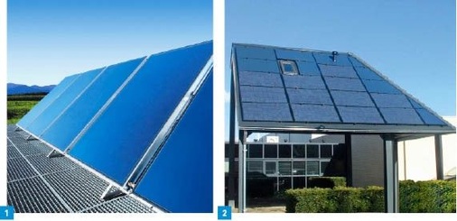 1 Die Weishaupt-Solarkollektoren WTS-F2 eigenen sich für Objekte mit großem Warmwasserbedarf sowie für die Heizungsunterstützung.2 Beim Wolf Solar-Energiedach schließen Dummy-Module, die sich auf der Baustelle zuschneiden lassen, die Lücken.