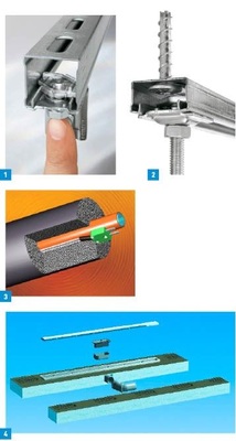 1 Über einen Klick-Mechanismus können Anbindungselemente in die Hilti-MM-Schiene gedrückt werden.2 Der Schraubanker HUS-P wurde ­speziell für den Einsatz mit der Montageschiene MM entwickelt.3 Zwischen Rohrleitung und Rohrleitungsdämmung verlegt kontrolliert die Jola-Leckage-Sensorleitung den Betrieb.4 Der Rinnenträger Tub-Line Combi von Lux Elements ist besonders für den Einsatz bei Renovierungen geeignet.