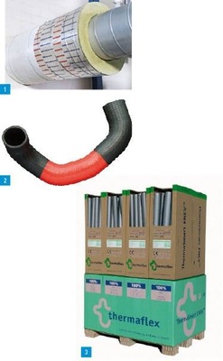 1 Die Möglichkeit der einlagigen Bekleidung ohne zusätzliche Stoßhinterlegung gestaltet das Rockwool Brandschutzsystem verarbeitungsfreundlich.2 Das Rescue Tape von Tape Innovation kann zur provisorischen Abdichtung von Lecks eingesetzt werden.3 Ein Sortiment an Rohrisolierung aus Polyolefin bietet Thermaflex in einer Palettenbox an.