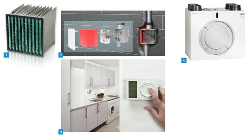 1 Der Kombinationsfilter City-Flo XL von Camfil vereinigt die beiden Funktionen Staub- und Geruchsabscheidung in einer Stufe.2 Die Kugel im Dallmer-Kondensat-­Siphon verschließt den Durchgang zum Kanalsystem, wenn das Kondensat bei Stillstandszeiten der Klimaanlage verdunstet ist. 3 Beim Danfoss-Air System können die Nutzer zwischen bedarfsgeführter, manueller oder programmierter Regelung wählen.4 Das zentrale Lüftungsgerät ZL 300 VF von Dimplex ist mit einer Sicherheitsfunktion für den Betrieb mit raumluftabhängigen Feuerstätten ausgerüstet.