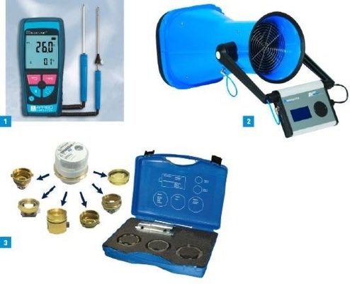1 Das Temperatur-Handmessgerät TMD7 von Afriso misst Temperaturen von –50 °C bis +1100 °C und ist nach EN 50379-2 zertifiziert.2 Das elektronische, tragbare Messgerät von Airflow ist speziell für die Messung von Volumenströmen an Drallauslässen und Lüftungsgittern unter Verwendung der Null-Methode entwickelt worden.3 Allmess-Austauschwasserzähler-System UniKoax: eine Kapsel für alle Fälle.