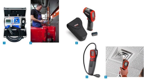 1 Jeder Sensor des ecom-EN2-R wird für exakte Messungen im Klimaschrank abgeglichen.2 Das Funkbedienteil des ecom-J2KNpro ermöglicht ein komfortables Arbeiten. 3 Das Ridgid micro-LM-100- Lasermessgerät ermöglicht schnelle und exakte Entfernungsmessungen.4 Das Ridgid micro-CD-100-Gaslecksuchgerät ermöglicht ein ­sicheres Aufspüren von brennbaren Gasen.5 Eine berührungslose und ­exakte Oberflächentemperaturmessung ist mit dem micro-IR-100-Infrarot-Thermometer möglich.
