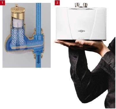 1 Automatischer Luftabscheider ­Discal ­Solar 251 von Caleffi für den Einbau in ­vertikalen Rohrleitungen.2 Das neue Bedienfeld am Klein-Durchlauferhitzer MCX Smartronic von Clage ist leicht gekippt dem Benutzer zugewandt.