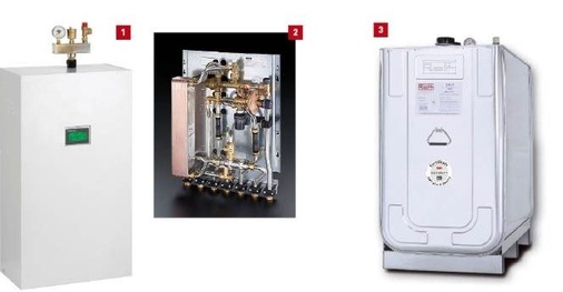 1 Die Hydrobox von Mitsubishi Electric erfüllt die Voraussetzung zur Förderung durch das BAFA. 2 Die abgebildete Wohnungsstation Regudis W-HTU von Oventrop hat einen kupfergelöteten Wärmeübertrager und eine Zapfleistung von 17 l/min.3 Die solide Stahlkonstruktion des doppelwandigen Roth DWT plus 3 gewährleistet einen sicheren Betrieb auch in hochwassergefährdeten Gebieten.