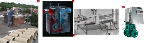 1 Die Profilkeramik für Abgasleitungen mit W3G-Zulassung von Schiedel mit 30cm Durchmesser im Praxiseinsatz.2 Brennwertnutzung für Biomasse­heizungen bis 300kW sowie Wärmerückgewinnung aus industriellen Abgasen ­ermöglicht der AWT-Top von Schräder.3 Schwank hat das Angebot an rekuperativen Wärmetauschern für die Wärme­rückgewinnung bei Hallenheizungen verjüngt.4 Die Serie Wilo-Stratos Giga in Inline-Bauweise ist eine komplett neuent­wickelte Hocheffizienzpumpenbau­reihe für den oberen Leistungsbereich in Heizungs-, Kaltwasser- und Kühl­anwendungen.