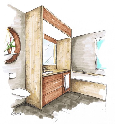 4 Der Waschtisch als Kubus mit viel Stauraum und Ablage stellt die Trennung zum Privatbereich dar.