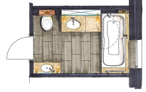 3 Das im Eingangsbereich angeordnete WC mit gegenüberliegendem Handwaschbecken fungiert hier auch als Gäste-WC. Im Anschluss öffnet sich der Privatbereich mit eigenem Waschplatz und der Dusch-Badewanne. - © VDS/Stammer
