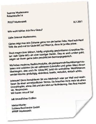 Der abgebildete Musterbrief sowie ein weiterer Brief zur Ansprache von Hotels und Restaurants stehen unter www.duravit.de/gaeste-wc-aktion zum Download bereit.