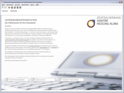 Die Software „Bankengerechte Unternehmenspräsentation“ hilft dem SHK-Unternehmer, ein professionelles Firmenprofil für die Hausbank zu erstellen.