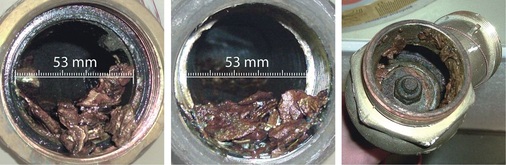 Ablagerungen und Partikel in unterschiedlichen Bestands-Löschwasseranlagen für die Hydrantenversorgung.