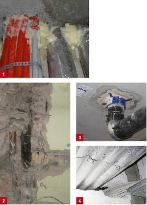 1 Das Öffnen eines Installa­tionsschachtes offenbarte gravierende Installationsmängel: eng gepackte Elektrobündel, Bauschaum und brennbare Isolierungen in einem Hochhaus.2 Durch Schlitzen zerstörte und geschwächte Installationswand.3 Die Brandschutzmanschette wurde über einen Stützring montiert und ist nicht mehr funk­tionsfähig.4 Ein wirkungsvoller Verschluss durch Vermörteln ist bei der hohen Belegung der Kabeldurchführung nicht realisierbar.